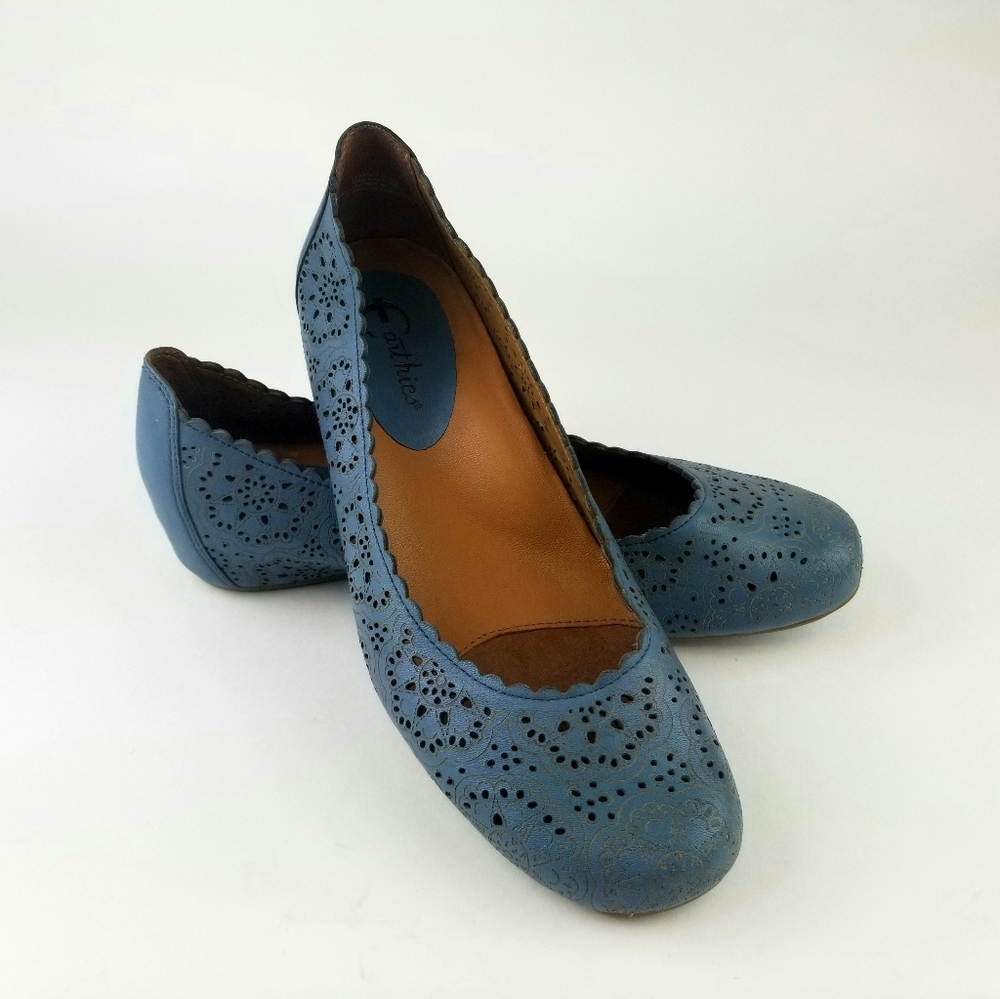 Earthies Blue Leather Bindi Laser Cut Ballet Flats